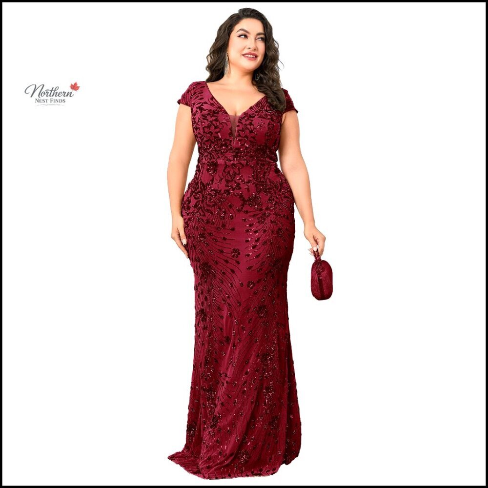 Plus Size Womens Sequined Long Evening Gown